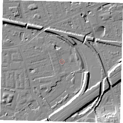 Shaded relief map of the ground around SW112UT, computed from Environment Agency LiDAR. The ground here sits at about 3 m above sea level and falls 14 m across the surrounding 800 m. Surface water reaching this point runs off ground lying to the north-west, 2.1 m higher.