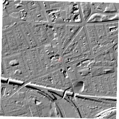 Shaded relief map of the ground around SW113AA, computed from Environment Agency LiDAR. The ground here sits at about 3 m above sea level and falls 11 m across the surrounding 800 m. Surface water reaching this point runs off ground lying to the north, 1.9 m higher.