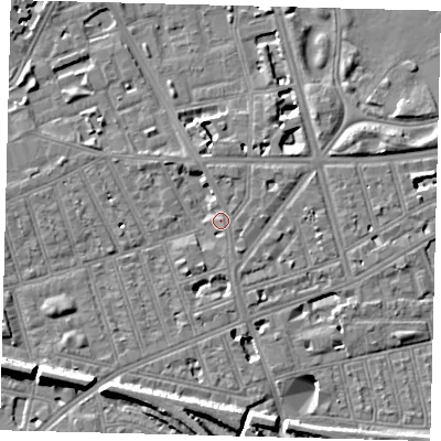 Shaded relief map of the ground around SW113AB, computed from Environment Agency LiDAR. The ground here sits at about 4 m above sea level and falls 11 m across the surrounding 800 m. Surface water reaching this point runs off ground lying to the north, 1.1 m higher.