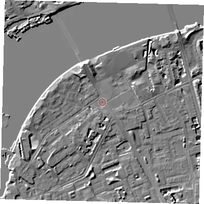 Shaded relief map of the ground around SW113AG, computed from Environment Agency LiDAR. The ground here sits at about 4 m above sea level and falls 7 m across the surrounding 800 m. Surface water reaching this point runs off ground lying to the south-west, 2.7 m higher.