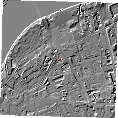 Shaded relief map of the ground around SW113AN, computed from Environment Agency LiDAR. The ground here sits at about 4 m above sea level and falls 6 m across the surrounding 800 m. Surface water reaching this point runs off ground lying to the north, 1.5 m higher.