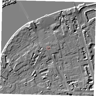 Shaded relief map of the ground around SW113AU, computed from Environment Agency LiDAR. The ground here sits at about 5 m above sea level and falls 9 m across the surrounding 800 m. Surface water reaching this point runs off ground lying to the east-north-east, 0.6 m higher.
