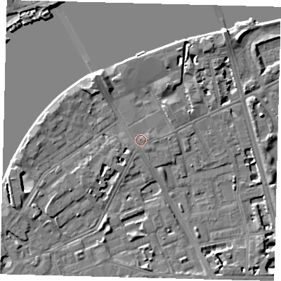 Shaded relief map of the ground around SW113AX, computed from Environment Agency LiDAR. The ground here sits at about 4 m above sea level and falls 9 m across the surrounding 800 m. Surface water reaching this point runs off ground lying to the east, 0.8 m higher.