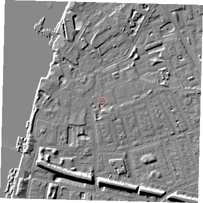 Shaded relief map of the ground around SW113AZ, computed from Environment Agency LiDAR. The ground here sits at about 4 m above sea level and falls 11 m across the surrounding 800 m. Surface water reaching this point runs off ground lying to the south, 2.2 m higher.