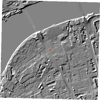 Shaded relief map of the ground around SW113BA, computed from Environment Agency LiDAR. The ground here sits at about 4 m above sea level and falls 7 m across the surrounding 800 m. Surface water reaching this point runs off ground lying to the south-west, 2.7 m higher.