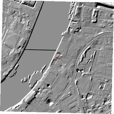 Shaded relief map of the ground around SW113BB, computed from Environment Agency LiDAR. The ground here sits at about 5 m above sea level and falls 46 m across the surrounding 800 m. Surface water reaching this point runs off ground lying to the south-south-west, 2.5 m higher.