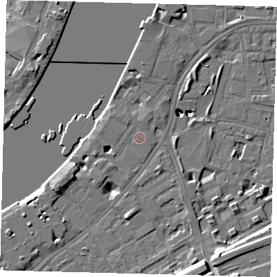 Shaded relief map of the ground around SW113BD, computed from Environment Agency LiDAR. The ground here sits at about 5 m above sea level and falls 49 m across the surrounding 800 m. Surface water reaching this point runs off ground lying to the west-south-west, 1.3 m higher.