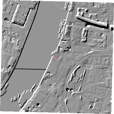 Shaded relief map of the ground around SW113BE, computed from Environment Agency LiDAR. The ground here sits at about 5 m above sea level and falls 47 m across the surrounding 800 m. Surface water reaching this point runs off ground lying to the north, 1.5 m higher.