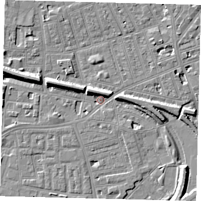 Shaded relief map of the ground around SW113BF, computed from Environment Agency LiDAR. The ground here sits at about 3 m above sea level and falls 11 m across the surrounding 800 m. Surface water reaching this point runs off ground lying to the west-north-west, 9.5 m higher.