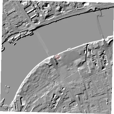 Shaded relief map of the ground around SW113BG, computed from Environment Agency LiDAR. The ground here sits at about 4 m above sea level and falls 7 m across the surrounding 800 m. Surface water reaching this point runs off ground lying to the west-south-west, 3.7 m higher.