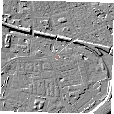 Shaded relief map of the ground around SW113BH, computed from Environment Agency LiDAR. The ground here sits at about 3 m above sea level and falls 11 m across the surrounding 800 m. Surface water reaching this point runs off ground lying to the east, 1.0 m higher.