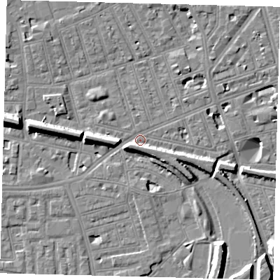 Shaded relief map of the ground around SW113BJ, computed from Environment Agency LiDAR. The ground here sits at about 3 m above sea level and falls 11 m across the surrounding 800 m. Surface water reaching this point runs off ground lying to the west, 9.7 m higher.