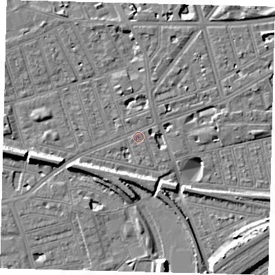 Shaded relief map of the ground around SW113BN, computed from Environment Agency LiDAR. The ground here sits at about 3 m above sea level and falls 11 m across the surrounding 800 m. Surface water reaching this point runs off ground lying to the north-north-east, 1.1 m higher.