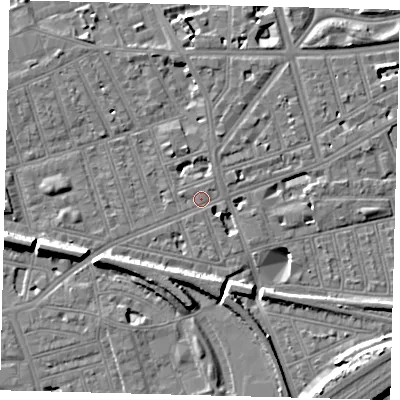 Shaded relief map of the ground around SW113BP, computed from Environment Agency LiDAR. The ground here sits at about 4 m above sea level and falls 12 m across the surrounding 800 m. Surface water reaching this point runs off ground lying to the north-north-east, 1.1 m higher.
