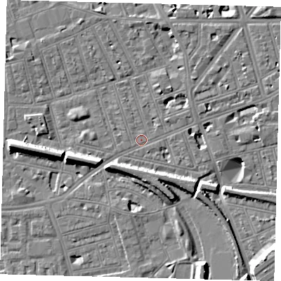 Shaded relief map of the ground around SW113BT, computed from Environment Agency LiDAR. The ground here sits at about 3 m above sea level and falls 11 m across the surrounding 800 m. Surface water reaching this point runs off ground lying to the north-north-east, 2.7 m higher.