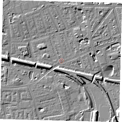 Shaded relief map of the ground around SW113BU, computed from Environment Agency LiDAR. The ground here sits at about 3 m above sea level and falls 11 m across the surrounding 800 m. Surface water reaching this point runs off ground lying to the west, 9.7 m higher.