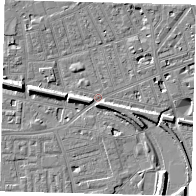 Shaded relief map of the ground around SW113BX, computed from Environment Agency LiDAR. The ground here sits at about 3 m above sea level and falls 11 m across the surrounding 800 m. Surface water reaching this point runs off ground lying to the west, 9.5 m higher.