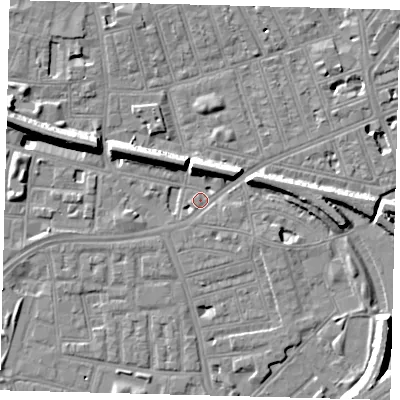 Shaded relief map of the ground around SW113BY, computed from Environment Agency LiDAR. The ground here sits at about 3 m above sea level and falls 11 m across the surrounding 800 m. Surface water reaching this point runs off ground lying to the east-north-east, 7.1 m higher.