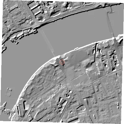 Shaded relief map of the ground around SW113BZ, computed from Environment Agency LiDAR. The ground here sits at about 6 m above sea level and falls 7 m across the surrounding 800 m. Surface water reaching this point runs off ground lying to the north-west, 2.9 m higher.