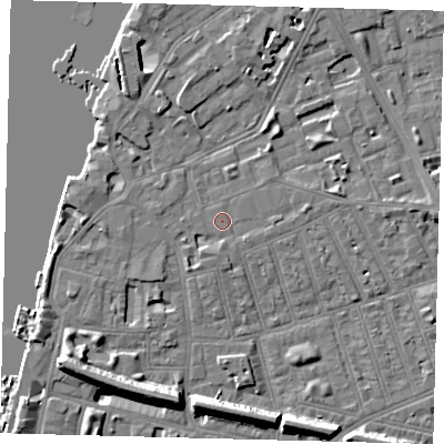 Shaded relief map of the ground around SW113DD, computed from Environment Agency LiDAR. The ground here sits at about 4 m above sea level and falls 11 m across the surrounding 800 m. Surface water reaching this point runs off ground lying to the south-west, 2.2 m higher.