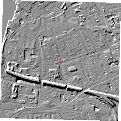 Shaded relief map of the ground around SW113DH, computed from Environment Agency LiDAR. The ground here sits at about 3 m above sea level and falls 11 m across the surrounding 800 m. Surface water reaching this point runs off ground lying to the west-south-west, 8.6 m higher.