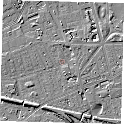 Shaded relief map of the ground around SW113DL, computed from Environment Agency LiDAR. The ground here sits at about 4 m above sea level and falls 11 m across the surrounding 800 m. Surface water reaching this point runs off ground lying to the north-north-east, 2.6 m higher.