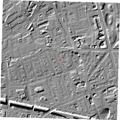 Shaded relief map of the ground around SW113DN, computed from Environment Agency LiDAR. The ground here sits at about 4 m above sea level and falls 12 m across the surrounding 800 m. Surface water reaching this point runs off ground lying to the north-west, 1.5 m higher.