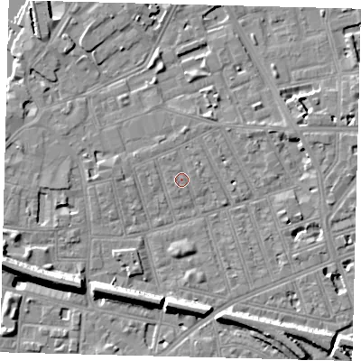 Shaded relief map of the ground around SW113DP, computed from Environment Agency LiDAR. The ground here sits at about 4 m above sea level and falls 11 m across the surrounding 800 m. Surface water reaching this point runs off ground lying to the north-west, 0.9 m higher.