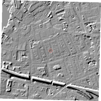 Shaded relief map of the ground around SW113DR, computed from Environment Agency LiDAR. The ground here sits at about 4 m above sea level and falls 11 m across the surrounding 800 m. Surface water reaching this point runs off ground lying to the north, 1.1 m higher.