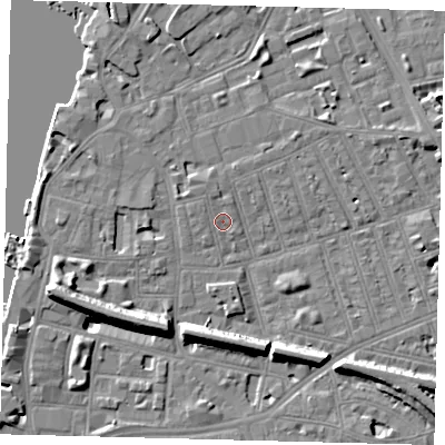 Shaded relief map of the ground around SW113DS, computed from Environment Agency LiDAR. The ground here sits at about 4 m above sea level and falls 11 m across the surrounding 800 m. Surface water reaching this point runs off ground lying to the north-north-west, 1.2 m higher.