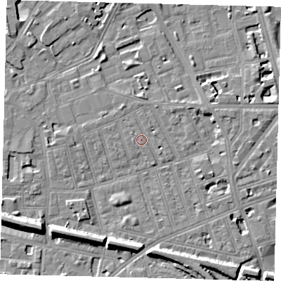 Shaded relief map of the ground around SW113DW, computed from Environment Agency LiDAR. The ground here sits at about 4 m above sea level and falls 12 m across the surrounding 800 m. Surface water reaching this point runs off ground lying to the north-north-west, 1.3 m higher.