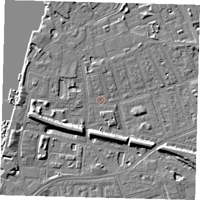 Shaded relief map of the ground around SW113DX, computed from Environment Agency LiDAR. The ground here sits at about 4 m above sea level and falls 11 m across the surrounding 800 m. Surface water reaching this point runs off ground lying to the north, 1.3 m higher.