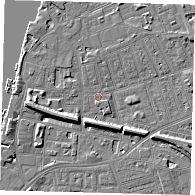 Shaded relief map of the ground around SW113DY, computed from Environment Agency LiDAR. The ground here sits at about 4 m above sea level and falls 11 m across the surrounding 800 m. Surface water reaching this point runs off ground lying to the north, 1.3 m higher.