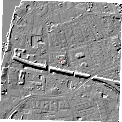 Shaded relief map of the ground around SW113DZ, computed from Environment Agency LiDAR. The ground here sits at about 4 m above sea level and falls 11 m across the surrounding 800 m. Surface water reaching this point runs off ground lying to the west, 8.6 m higher.