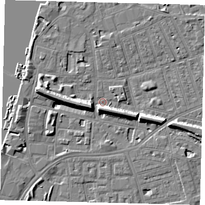 Shaded relief map of the ground around SW113EF, computed from Environment Agency LiDAR. The ground here sits at about 3 m above sea level and falls 11 m across the surrounding 800 m. Surface water reaching this point runs off ground lying to the west, 8.6 m higher.
