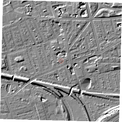 Shaded relief map of the ground around SW113EH, computed from Environment Agency LiDAR. The ground here sits at about 4 m above sea level and falls 11 m across the surrounding 800 m. Surface water reaching this point runs off ground lying to the east-north-east, 1.2 m higher.