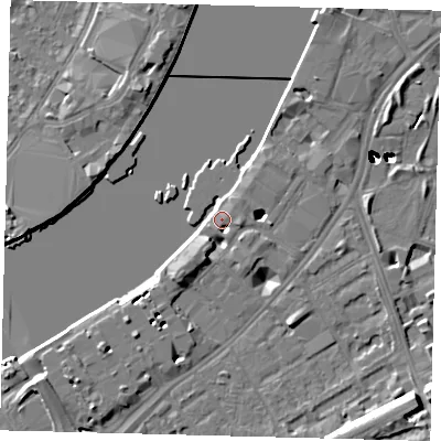Shaded relief map of the ground around SW113FA, computed from Environment Agency LiDAR. The ground here sits at about 5 m above sea level and falls 48 m across the surrounding 800 m. Surface water reaching this point runs off ground lying to the east-south-east, 4.7 m higher.