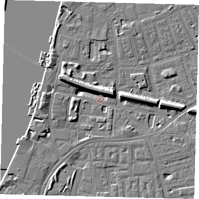 Shaded relief map of the ground around SW113GJ, computed from Environment Agency LiDAR. The ground here sits at about 3 m above sea level and falls 11 m across the surrounding 800 m. Surface water reaching this point runs off ground lying to the west-north-west, 11.4 m higher.