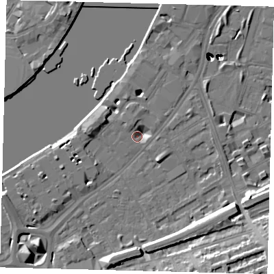 Shaded relief map of the ground around SW113GQ, computed from Environment Agency LiDAR. The ground here sits at about 4 m above sea level and falls 53 m across the surrounding 800 m. Surface water reaching this point runs off ground lying to the west-north-west, 6.0 m higher.