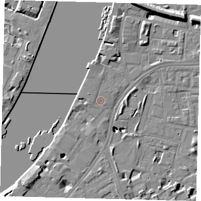 Shaded relief map of the ground around SW113GR, computed from Environment Agency LiDAR. The ground here sits at about 5 m above sea level and falls 46 m across the surrounding 800 m. Surface water reaching this point runs off ground lying to the west, 0.9 m higher.
