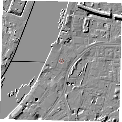 Shaded relief map of the ground around SW113GS, computed from Environment Agency LiDAR. The ground here sits at about 5 m above sea level and falls 47 m across the surrounding 800 m. Surface water reaching this point runs off ground lying to the west, 1.1 m higher.
