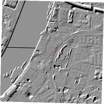 Shaded relief map of the ground around SW113GU, computed from Environment Agency LiDAR. The ground here sits at about 4 m above sea level and falls 46 m across the surrounding 800 m. Surface water reaching this point runs off ground lying to the south-west, 2.8 m higher.