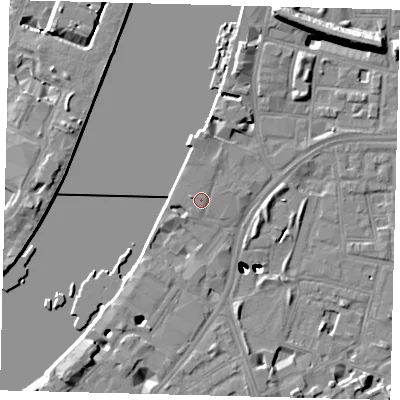 Shaded relief map of the ground around SW113GW, computed from Environment Agency LiDAR. The ground here sits at about 5 m above sea level and falls 47 m across the surrounding 800 m. Surface water reaching this point runs off ground lying to the west-north-west, 1.1 m higher.