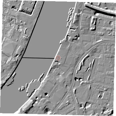 Shaded relief map of the ground around SW113GY, computed from Environment Agency LiDAR. The ground here sits at about 5 m above sea level and falls 47 m across the surrounding 800 m. Surface water reaching this point runs off ground lying to the south-south-west, 1.7 m higher.