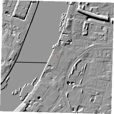 Shaded relief map of the ground around SW113GZ, computed from Environment Agency LiDAR. The ground here sits at about 5 m above sea level and falls 47 m across the surrounding 800 m. Surface water reaching this point runs off ground lying to the south-south-west, 1.1 m higher.