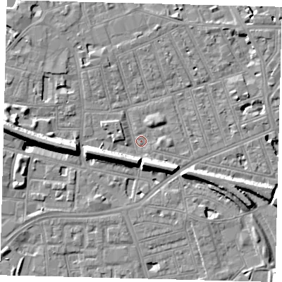 Shaded relief map of the ground around SW113HB, computed from Environment Agency LiDAR. The ground here sits at about 3 m above sea level and falls 11 m across the surrounding 800 m. Surface water reaching this point runs off ground lying to the west, 8.6 m higher.