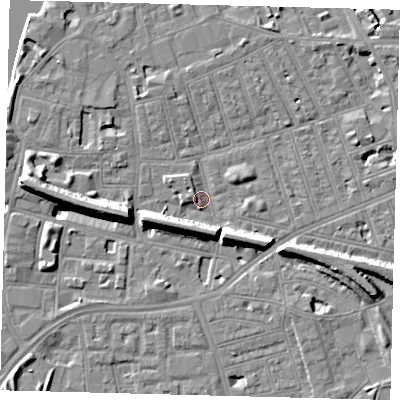 Shaded relief map of the ground around SW113HD, computed from Environment Agency LiDAR. The ground here sits at about 3 m above sea level and falls 11 m across the surrounding 800 m. Surface water reaching this point runs off ground lying to the west, 8.6 m higher.