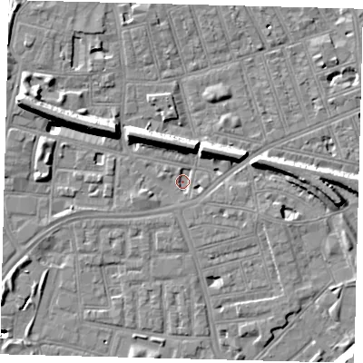 Shaded relief map of the ground around SW113HE, computed from Environment Agency LiDAR. The ground here sits at about 2 m above sea level and falls 18 m across the surrounding 800 m. Surface water reaching this point runs off ground lying to the west-south-west, 2.2 m higher.