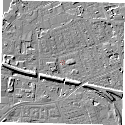Shaded relief map of the ground around SW113HF, computed from Environment Agency LiDAR. The ground here sits at about 3 m above sea level and falls 11 m across the surrounding 800 m. Surface water reaching this point runs off ground lying to the west, 8.6 m higher.