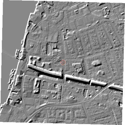 Shaded relief map of the ground around SW113HP, computed from Environment Agency LiDAR. The ground here sits at about 4 m above sea level and falls 11 m across the surrounding 800 m. Surface water reaching this point runs off ground lying to the north-west, 3.8 m higher.